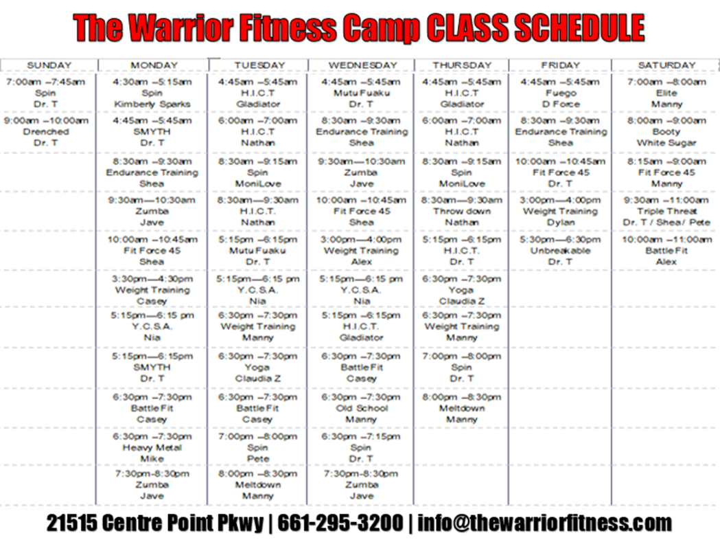 Class Schedule | The Warrior Fitness